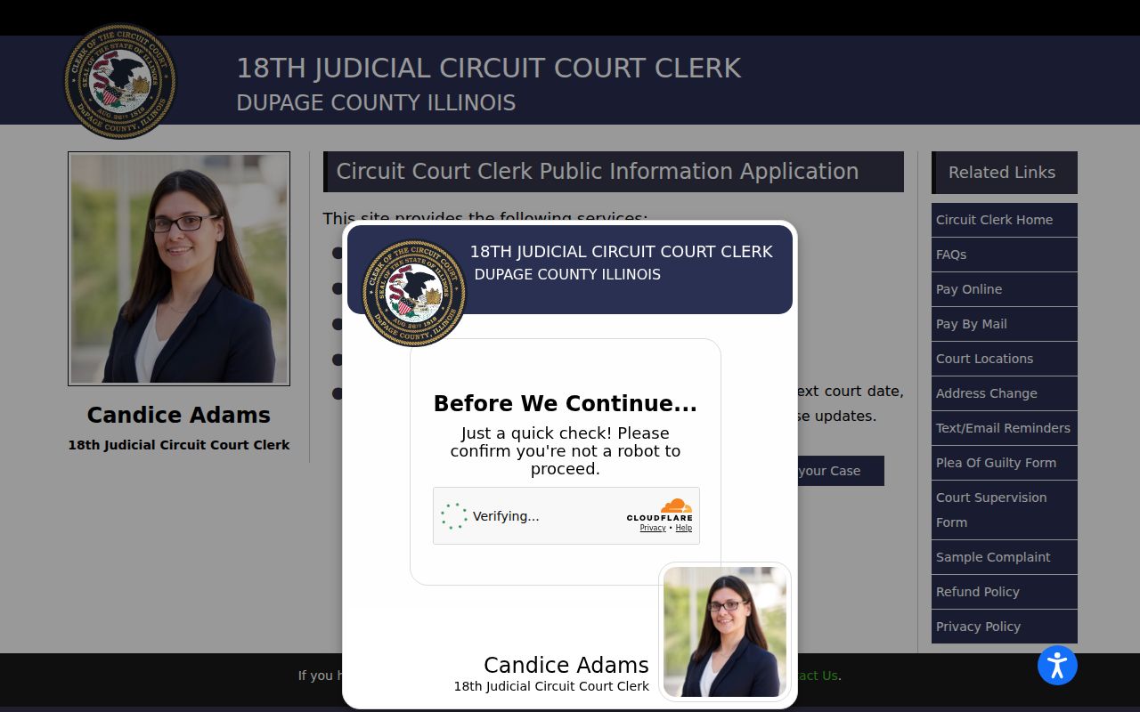 DuPage Circuit Clerk case search gate for a Wheaton resident lookup