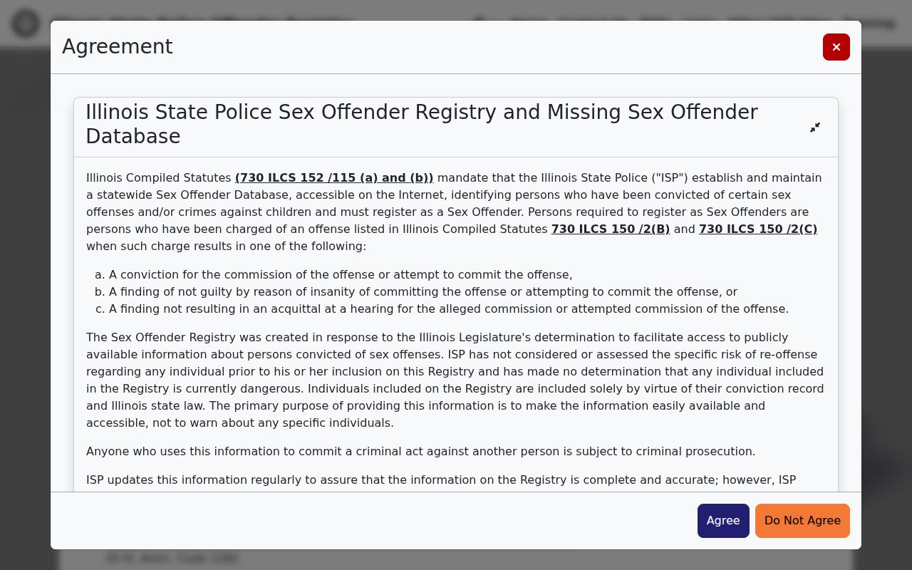 Illinois State Police registry disclaimer relevant to lawful Wheaton searches