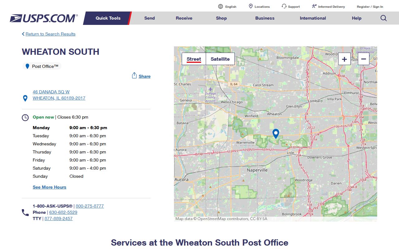 USPS Wheaton South Post Office location record for ZIP code 60189