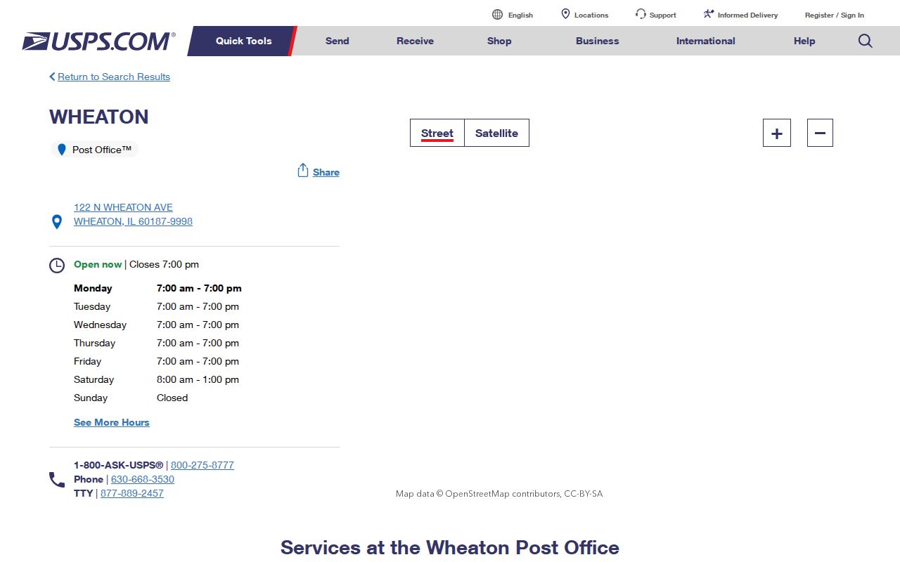USPS Wheaton Main Post Office location record for ZIP code 60187