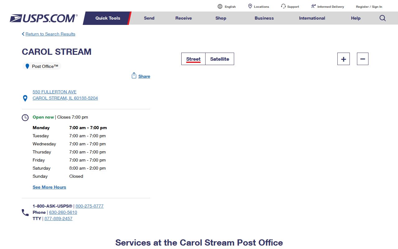 USPS Carol Stream Post Office location record for ZIP code 60188 near Wheaton